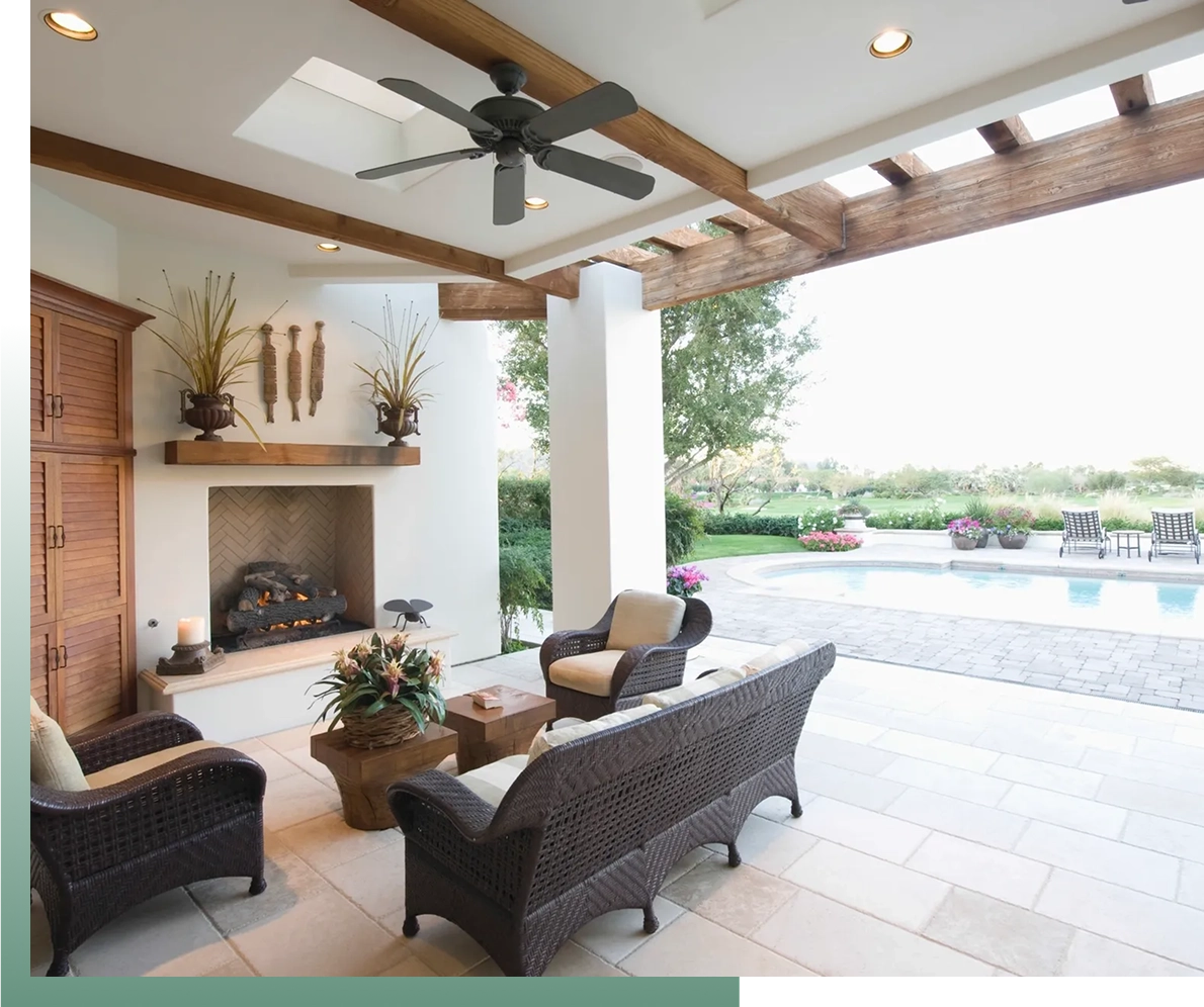 Cozy seating area by the poolside.