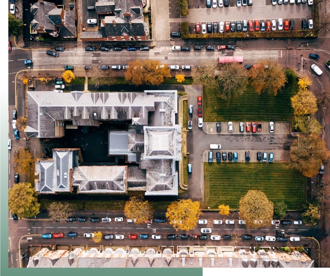 City block with green spaces